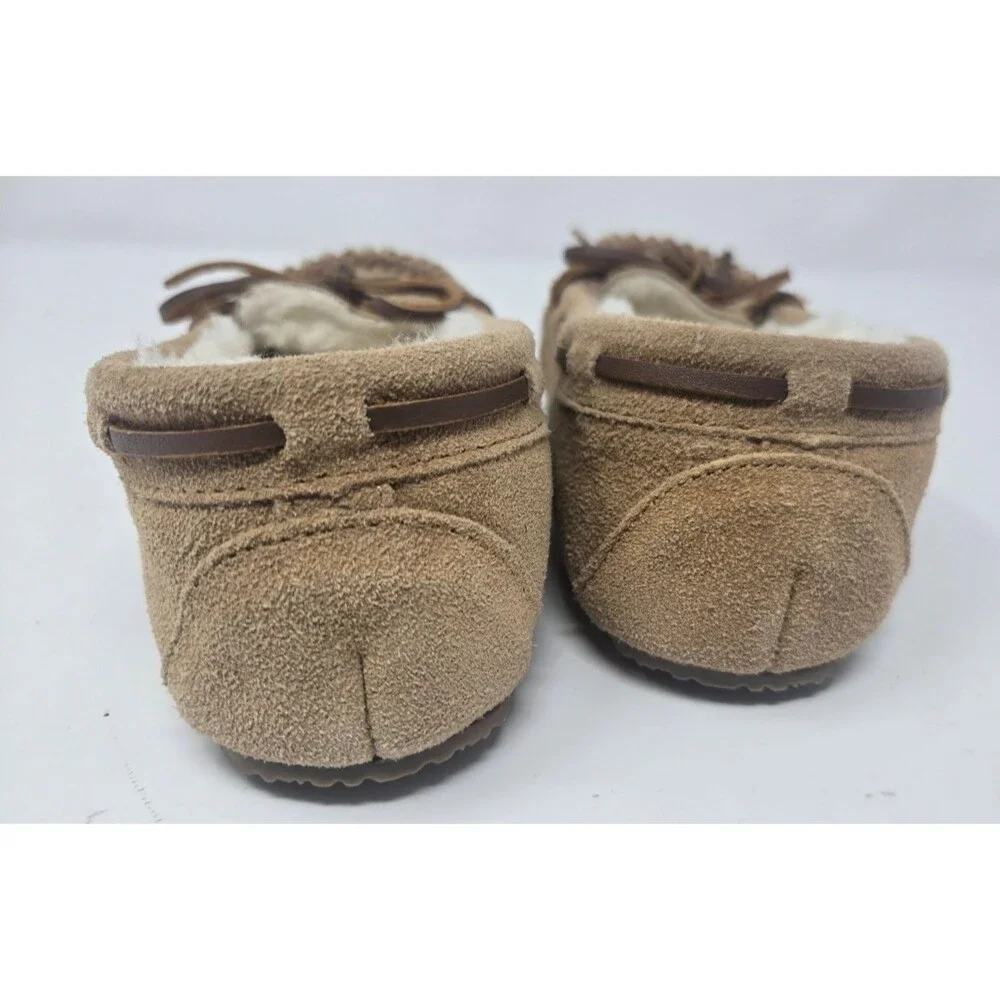Minnetonka Kids Moccasin Slippers Size 13 Tan Suede Faux Fur Tie Cabincore